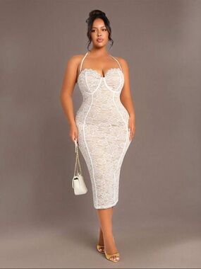 White Lace Midi Dress - Elegant Curve-Hugging Style